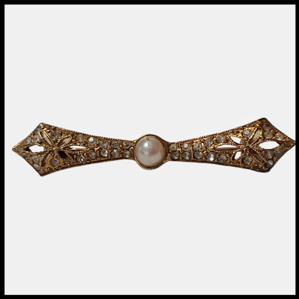 Vintage Rhinestone and Faux Pearl Bar Brooch - Picture 1 of 8